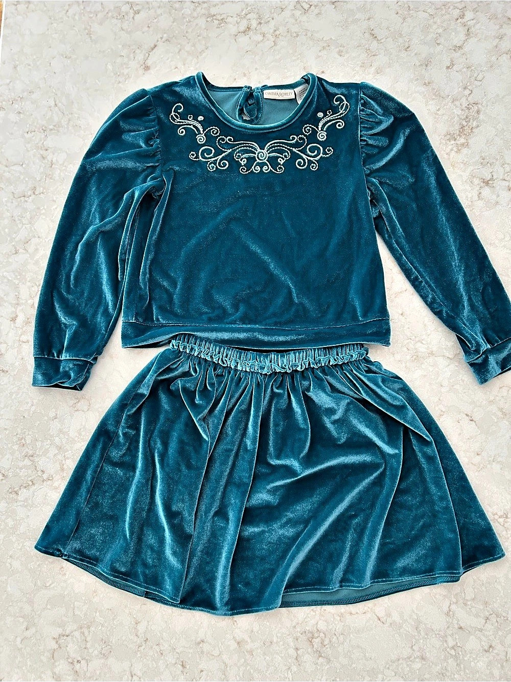 Cynthia Rowley Teal Velour Long-Sleeved Top & Matching Skirt Set